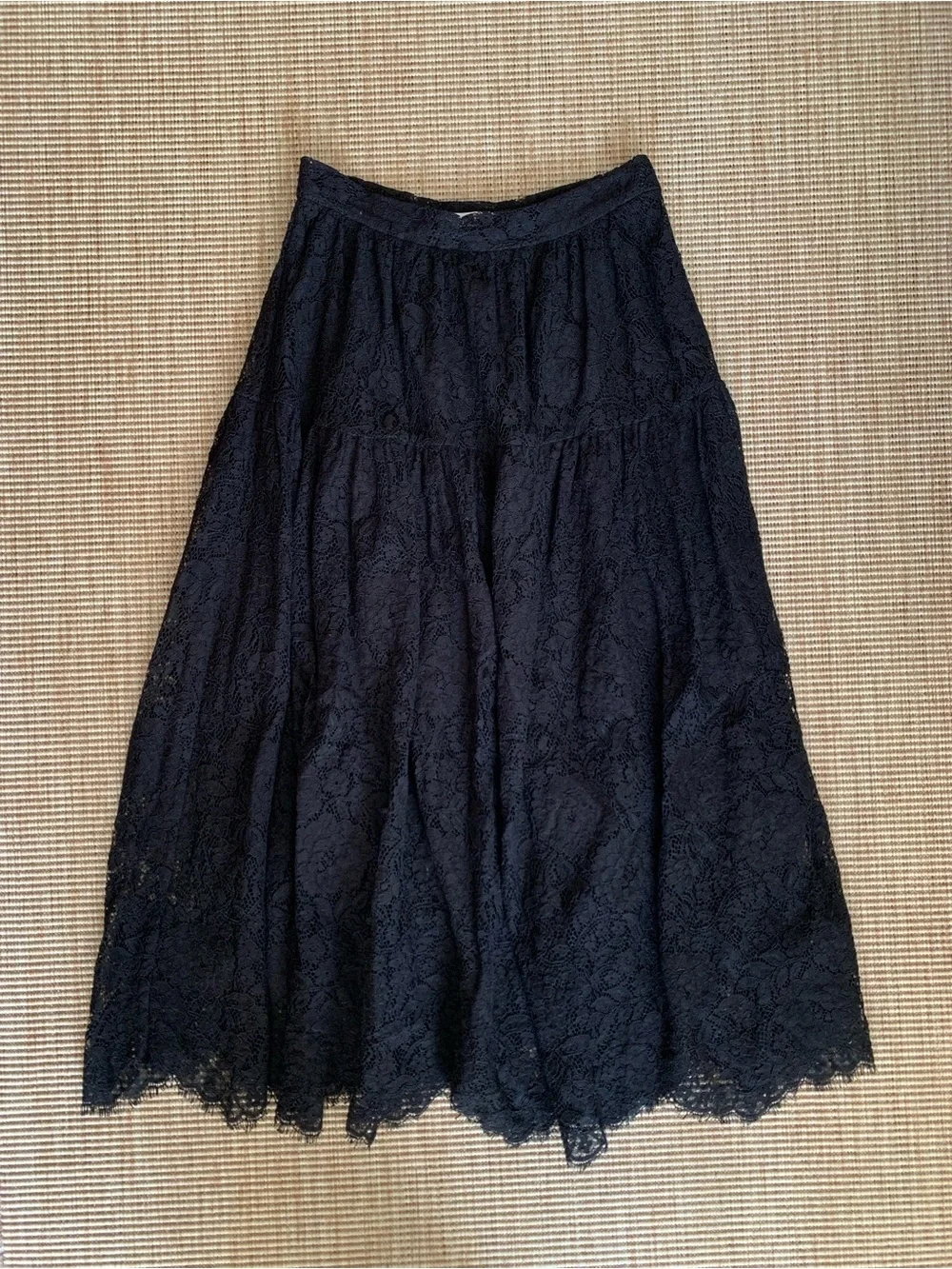 Doen Sebastiane Lace Cotton A Line Trim Tiered Midi Maxi Long Skirt Black